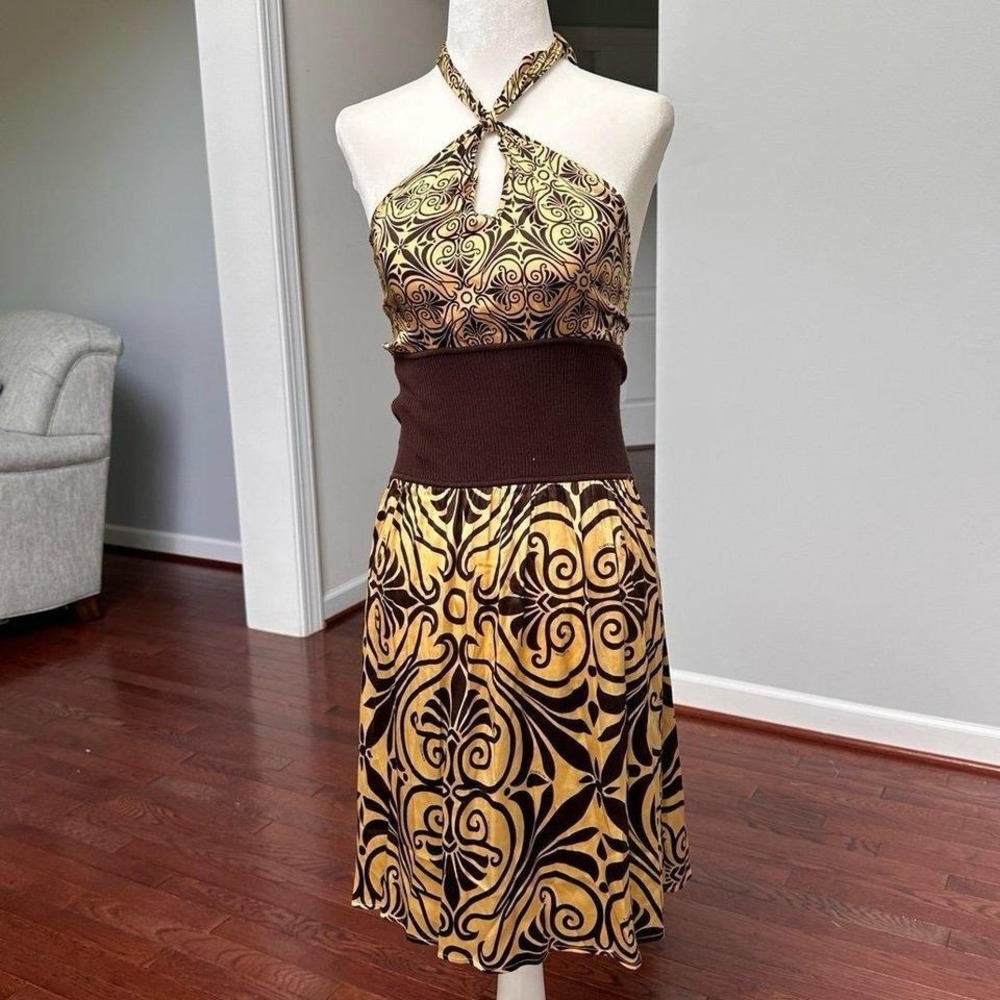 Y2K Vintage BEBE Gold Brown Halter Vacay Summer Sexy Dress -‎ Dollskill BCBG